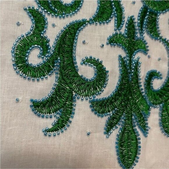 Chico's Embellished Linen Tunic Top Sz 2 Us 12/14 Green Blue Beading White NWOT - Picture 4 of 5